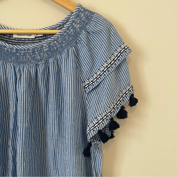 Vineyard Vines Blue Striped Embroidered Tassel Sleeve Top Size XL - Picture 3 of 4